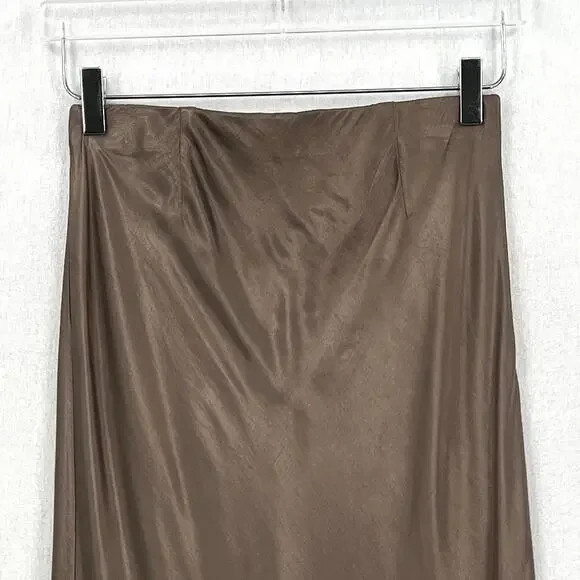 ENZA COSTA Satin Bias Cut Skirt Womens Small 1 Shiitake Brown Midi Pull on Slip - Picture 8 of 16